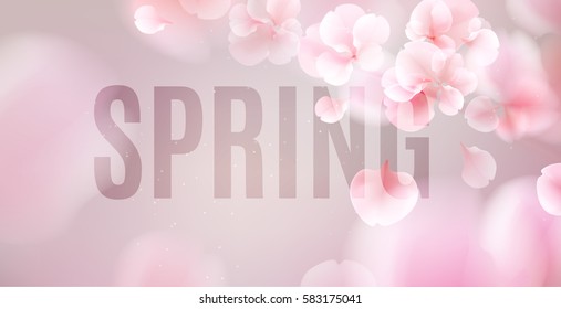 Pink sakura falling petals vector background. 3D romantic illustration with Spring text. creative soft color design for greeting card, flyer, invitation, poster, brochure, banner template