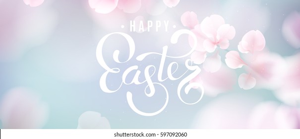 Pink sakura falling petals vector background. 3D romantic illustration with Happy Easter text. creative soft color design for flyer, invitation, poster, brochure, banner template with copy space