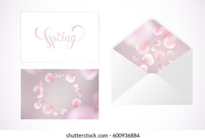 Pink sakura falling petals vector background. 3D romantic illustration set with Spring text. creative soft color design for greeting card, invitation