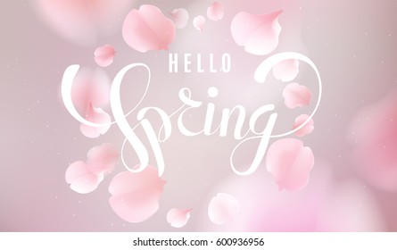 Pink sakura falling petals vector background. 3D romantic illustration with Hello Spring text. creative soft color design for greeting card, flyer, invitation, poster, brochure, banner template