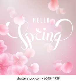 Pink sakura falling petals vector background. 3D romantic illustration with Hello Spring text. creative soft color design for greeting card, flyer, invitation, poster, brochure, banner template