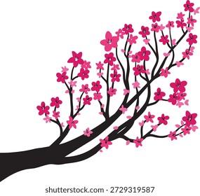 Flor rosada del sakura con la ilustración negra de la rama del árbol para la primavera Año Nuevo lunar