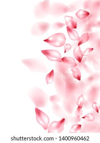 Pink sakura flower flying petals isolated on white. Modern floral background. Japanese sakura petals seasonal confetti, blossom elements flying. Falling cherry blooming flower parts design.