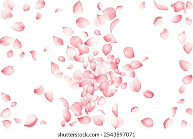 Pétalos voladores de flores de sakura rosa aislados en blanco. Fondo de salón de spa de belleza natural. Pétalos de sakura japoneses confeti de temporada, Elementos en flor volando. Diseño de piezas de flores de cerezo en caída.