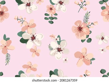 pink sakura flower pattern hand drawn design vector artd esign hand drawn seamless ditsy lower