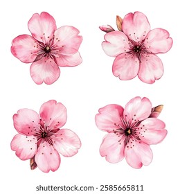 Pink sakura flower set vector spring blossom. Flower and bud realistic illustration. Peach blooming, apricot bloom, sakura cherry blossom. Vector icon set, isolated on white. Element for spring design