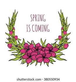 Pink sakura flower wreath. Attractive bright colorful blossoms. Spring summer design for greetings, wedding cards, invitations. Vector illustration