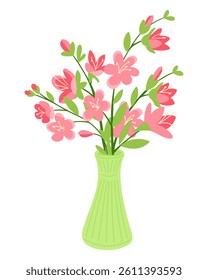 Pink sakura flowers arranged in a green vase with fresh green leaves. Concept of spring decoration, floral beauty and peaceful home atmosphere