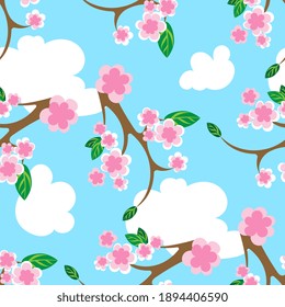 Pink sakura flowers, clouds and blue sky. Seamless pattern of branch japanese cherry. Flat cartoon style vector background.