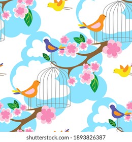 Pink sakura flowers, colorful birds, cage and blue sky. Spring seamless pattern. Flat cartoon style vector background.