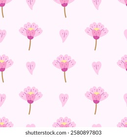 Pink Sakura Flowers and Petals Seamless Pattern. Minimal Springtime background with Cherry Blossom. Simplicity elegance Spring floral repeat vector illustration