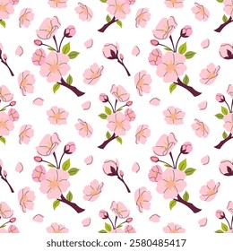 Pink sakura flowers and twigs. Cherry blossom. Delicate petals, buds, flowers Japanese tree. Seamless pattern for textile, wrapping paper, background.