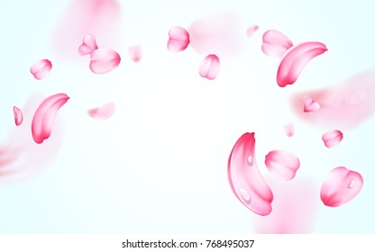 Pink sakura fresh falling petals with drops of water, dew with blur effect. Vector background. 3D realistic detailed romantic illustration.
