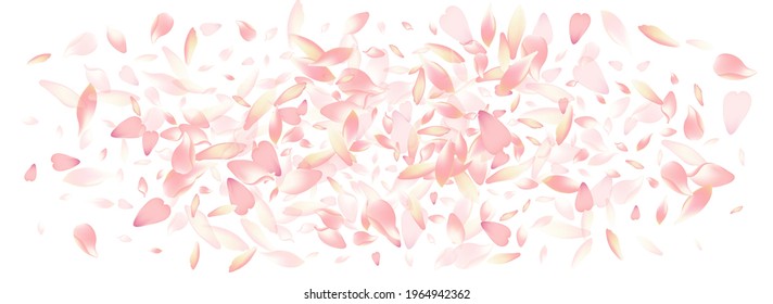 Pink Sakura Petal Vector Panoramic Background. Color 3d Rose Petal Cover. Cherry Petal Fly Design. Air Flower Petal Poster.