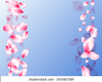 Pink sakura petals confetti flying and falling on blue sky background. Close up bloom elements. Floral natural blossom soft petals illustration. Flower blossom parts romantic love vector pattern.