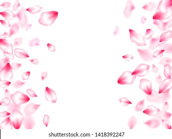 Pink sakura petals confetti flying and falling windy blowing background. Abstract card backdrop. Flower blossom particles, petals rain shower. Flower blossom parts romantic love vector pattern.