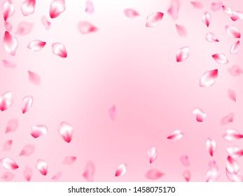 Pink sakura petals confetti flying and falling on rose color background. Beauty studio concept. Pastel rose color apple flower petals design. Flower blossom parts romantic love vector pattern.