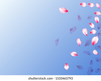 Pink sakura petals confetti flying and falling on blue sky background. Flower blossom parts romantic love vector pattern. Pastel pink blossom petals floral design. Springtime symbols.