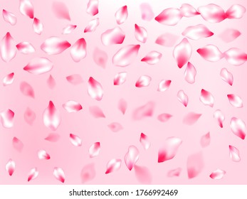 Pink sakura petals confetti flying and falling on rose color background. Flower blossom parts romantic love vector pattern. Floral natural blossom soft petals illustration. Oriental composition.