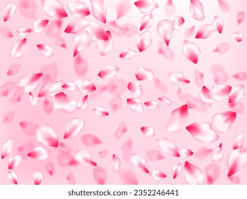 Pink sakura petals confetti flying and falling on rose color background. Flower blossom parts romantic love vector pattern. Spring or summer light flower petals illustration. Invitation card pattern.