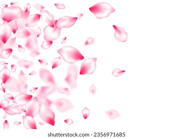 Pink sakura petals confetti flying and falling windy blowing background. Asian poster background. SPA beauty illustration of sakura bloom petals. Flower blossom parts romantic love vector pattern.