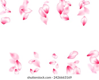 Pink sakura petals confetti flying and falling windy blowing background. Flower blossom parts romantic love vector pattern. Pastel rose color apple flower petals design. Bloom 3d particles.