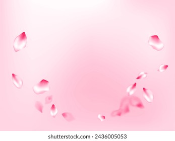 Pink sakura petals confetti flying and falling on rose color background. Flower blossom parts romantic love vector pattern. Realistic peach flolwer petals natural decor. Oriental composition.