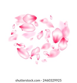 Pink sakura petals confetti flying and falling windy blowing background. Flower blossom parts romantic love vector pattern. Spring or summer light flower petals illustration. Blured texture elements.