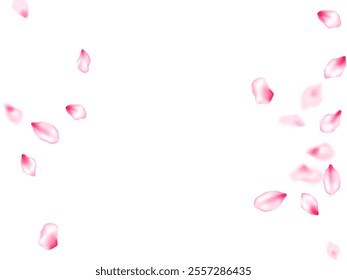 Pink sakura petals confetti flying and falling windy blowing background. Bloom 3d particles. Floral natural blossom soft petals illustration. Flower blossom parts romantic love vector pattern.