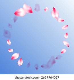 Pink sakura petals confetti flying and falling on blue sky background. Flower blossom parts romantic love vector pattern. Pastel pink blossom petals floral design. Delicate spring vector.
