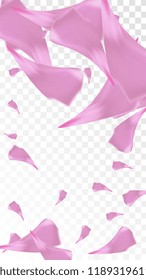 Pink Sakura Petals Falling Down. Isolated Vector illustration of Sakura Petals. Flying Cherry Blossom Background. Design of Greeting or Invitation Card. 
