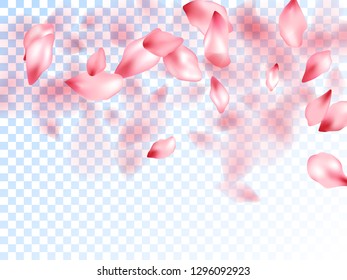 Pink sakura petals falling vector graphics. Spring tree blossom flower parts. Sakura flying petals isolated on transparent background. Abstract spa showering backgound. Anniversary elegant decor.
