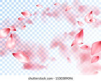 Pink sakura petals falling vector graphics. Blooming flower parts scatter. Sakura flying petals isolated on transparent background. Valentine card backdrop. Invitation card background.