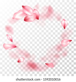 Pink sakura petals falling vector graphics. Spring tree blossom flower parts. Sakura flying petals isolated on transparent background. Invitation card background. Beautiful floral wallpaper.