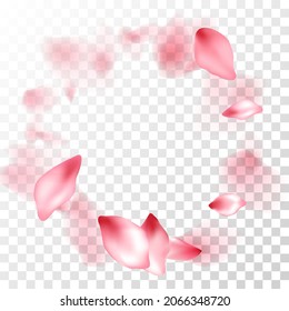 Pink sakura petals falling vector graphics. Natural cosmetics background. Sakura flying petals isolated on transparent background. Valentine card backdrop. Spring tree bloom flower elements.