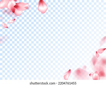Pink sakura petals falling vector graphics. Spring tree bloom flower elements. Sakura flying petals isolated on transparent background. Valentine card backdrop. Natural cosmetics background.