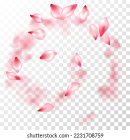 Pétalos sakura rosados cayendo en gráficos vectoriales. Decoración elegante del aniversario. Pétalos voladores de Sakura aislados en un fondo transparente. Resumen de la exposición en el spa. Flores de flor en los árboles de primavera.