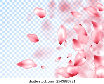 Pink sakura petals falling vector graphics. Spring tree blossom flower parts. Sakura flying petals isolated on transparent background. Natural cosmetics background. Beautiful floral wallpaper.