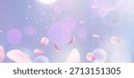 Pink sakura petals floating with spring flower bokeh background and soft blurred sun twinkles for romantic design. Dreamy pastel gradient with white sparkles. Delicate cherry blossom elements.