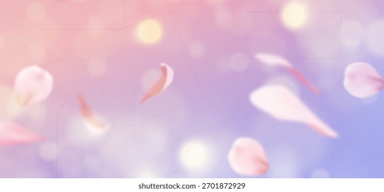 Pétalos de sakura rosados flotando con el fondo bokeh de la flor de la primavera y el sol borroso suave centellea para el diseño romántico. Gradiente pastel de ensueño con destellos dorados. Delicados Elementos de flor de cerezo.