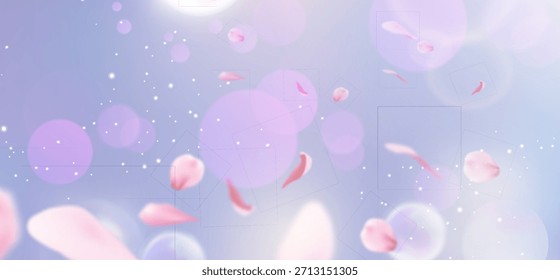 Pétalos de sakura rosados flotando con el fondo bokeh de la flor de la primavera y el sol borroso suave centellea para el diseño romántico. Gradiente pastel de ensueño con destellos blancos. Delicados Elementos de flor de cerezo.