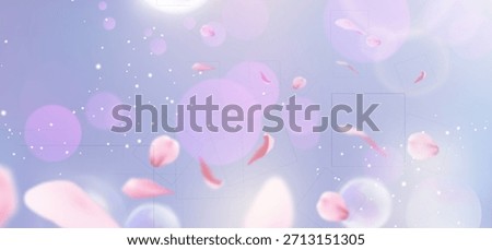 Pink sakura petals floating with spring flower bokeh background and soft blurred sun twinkles for romantic design. Dreamy pastel gradient with white sparkles. Delicate cherry blossom elements.