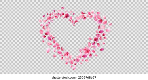 Pink sakura petals heart frame isolated on transparent png background. Stock vector illustration