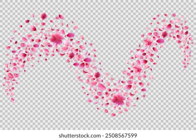 Pink sakura petals trail on transparent png background. Abstract cherry, rose or peach blossom particles flying in magic wind. Stock vector illustration in realistic style.