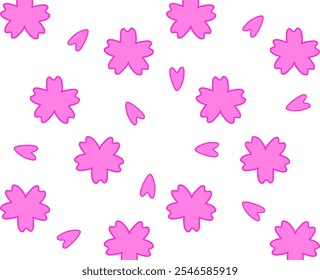 Pink Sakura seamless pattern. Simple doodle of Cherry Blossom Flower and petals.
