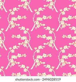 Pink Sakura Spring Cherry Blossom Floral Hand Drawn Seamless Pattern Background. Vintage Style Vector Illustration