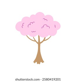 Pink Sakura Tree Illustration. Vector hand drawn blooming cherry blossom in flat style. Japanese Korean Spring Symbol. Hanami design element