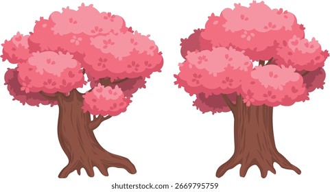 Pink sakura trees with textured trunks Spring season plants in cartoon style