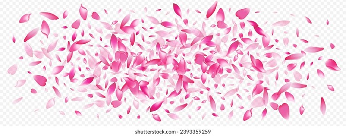 Pink Sakura Vector Panoramic Transparent Background. Peach Dream Template. Tree Wedding Design. Blooming Sky Illustration. Color Blossom SummerDrop Pattern.