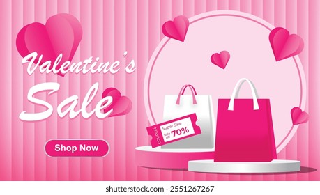 Pink Sale 3D Valentine product display cylinder stand podium banner. heart shape on pink background for Happy Valentine's day, social media, shopping day, Coupon and Promotion